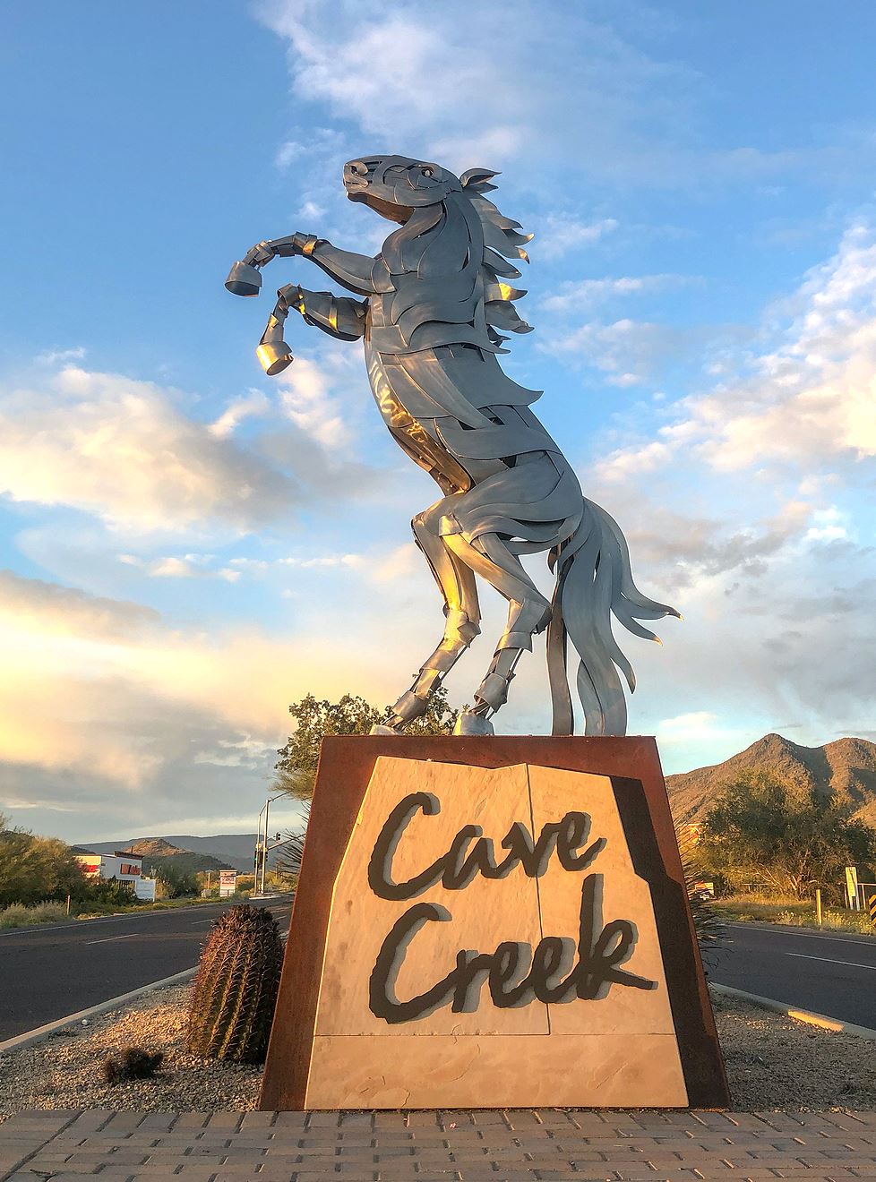 Cave Creek monument sign with rearing horse